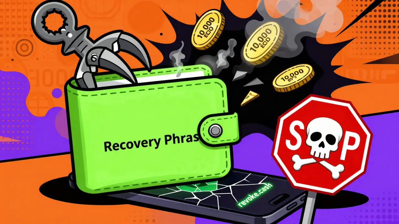 Une main malveillante tente de voler la phrase de récupération d'un portefeuille, entourée de tokens qui s'évanouissent.
