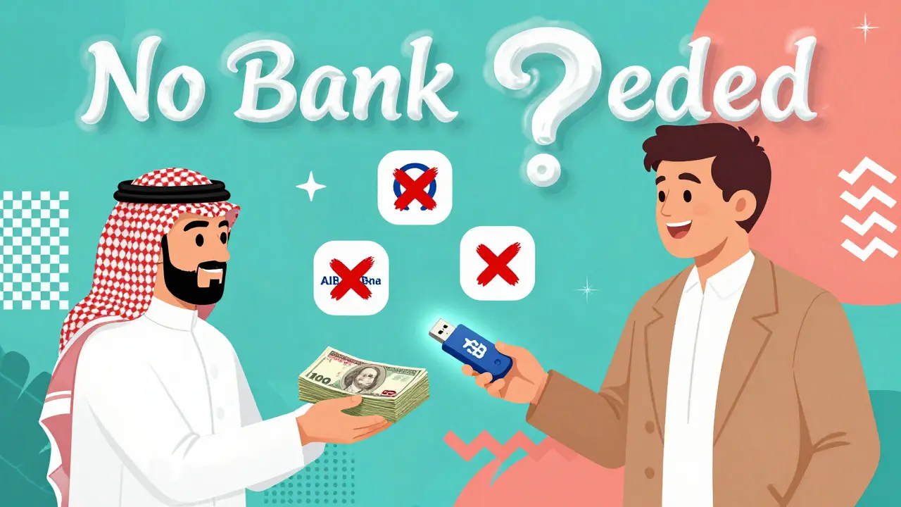 Une transaction P2P entre un homme et un vendeur, avec des logos bancaires barrés et un jeton Bitcoin en échange de billets.