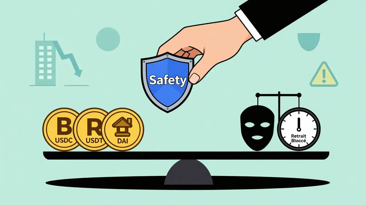 Balance entre des stablecoins sécurisés et des risques de prêt de cryptomonnaies, avec un bouclier de sécurité au centre.