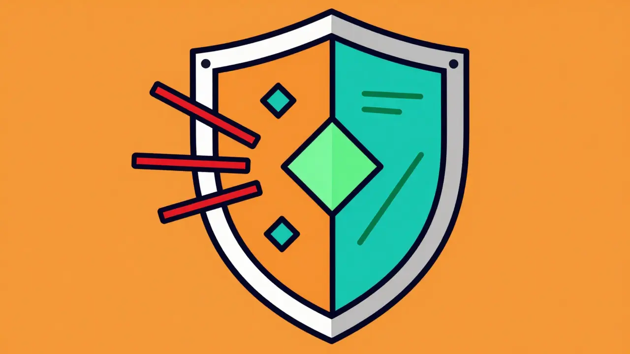 Bouclier protecteur stylisé bloquant des symboles de risque rouges.