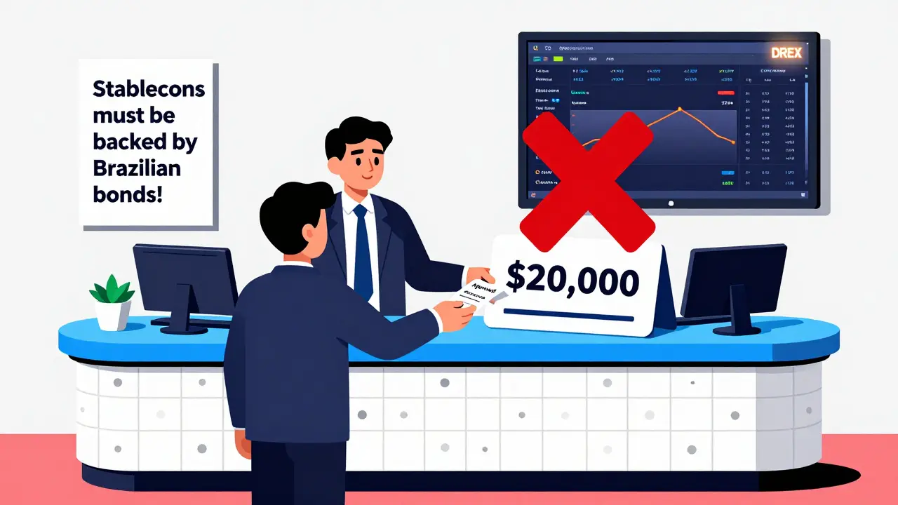 Cartoon-style crypto exchange counter with a teller blocking a large international transfer, surrounded by bold geometric designs.