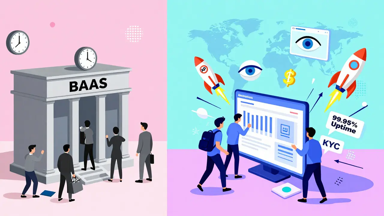 Comparaison visuelle entre banque traditionnelle lente et écosystème BaaS rapide et dynamique en style Memphis.