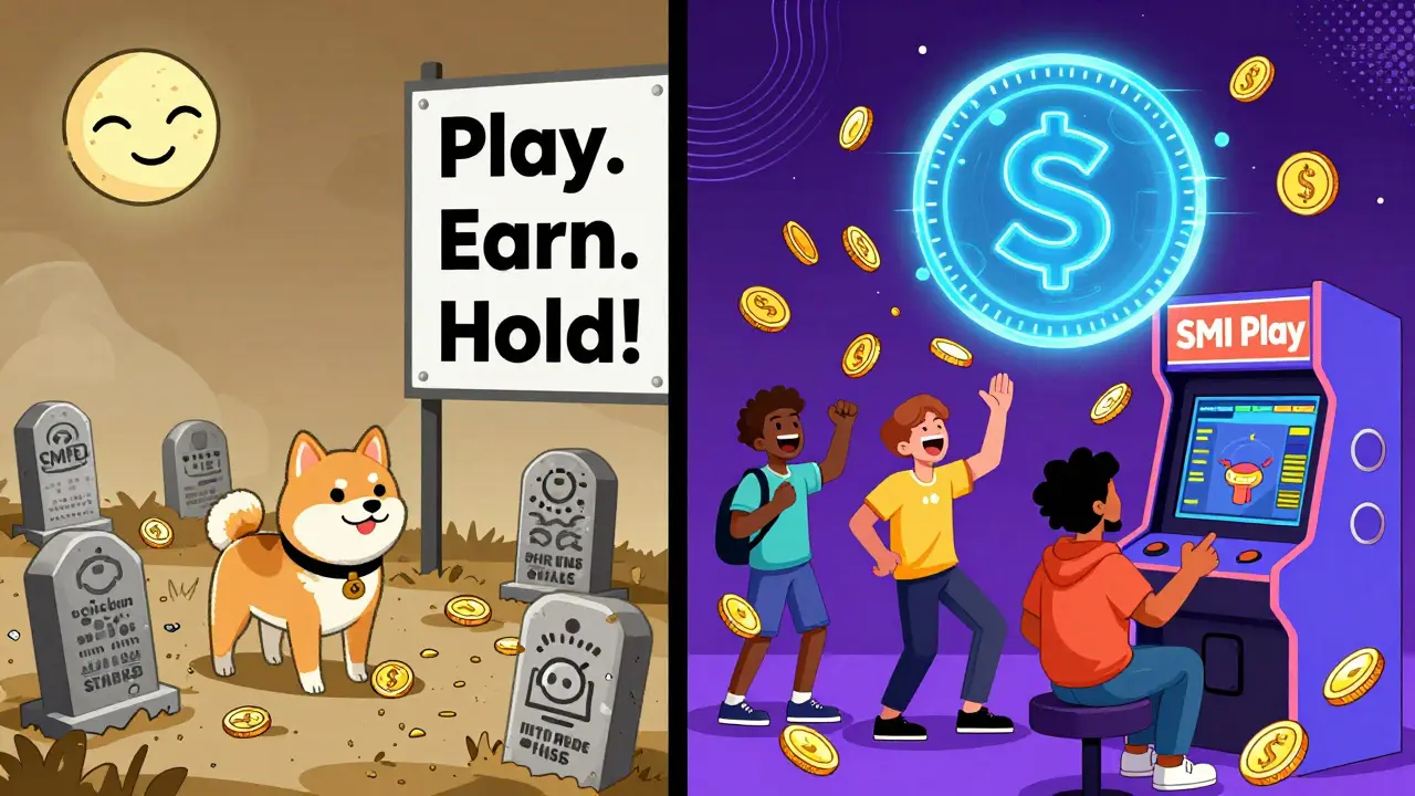 Contraste entre cimetière de cryptos oubliées et arcade SMI Play animée, style Memphis Design aux couleurs vives et formes angulaires.