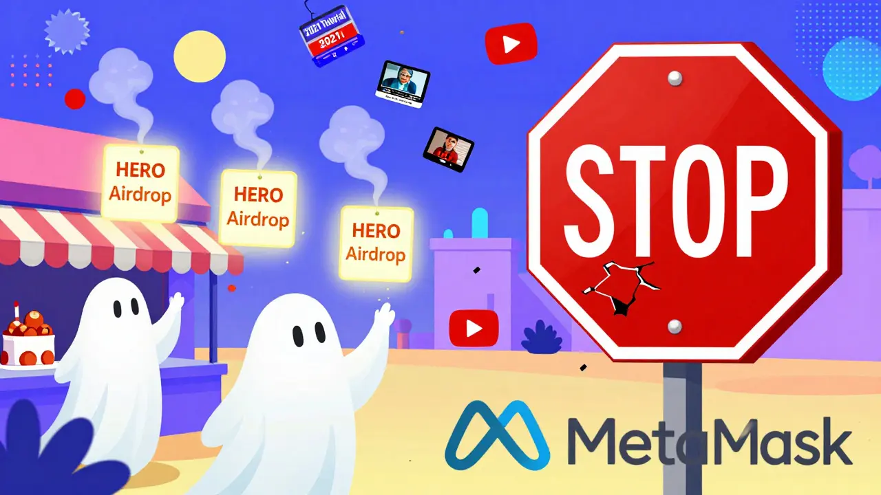 Des personnes essayant de saisir des signes d'airdrop HERO qui disparaissent, entourées de vidéos obsolètes et d'un signe d'arrêt rouge, en style Memphis.