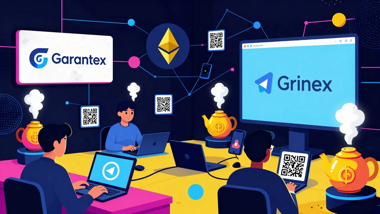 Des utilisateurs échangent des cryptomonnaies dans un centre secret, avec un échange renommé affiché sur un écran et des formes géométriques lumineuses.