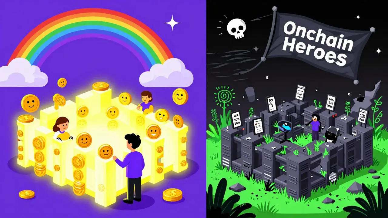 Deux paysages opposés : une ferme DeFi active à gauche et une ruine numérique à droite, avec un banner de fraude, stylisé Memphis.