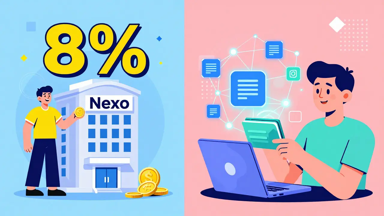 Deux scènes : un utilisateur déposant des cryptos dans une plateforme centralisée et un autre connectant un portefeuille décentralisé à une blockchain.