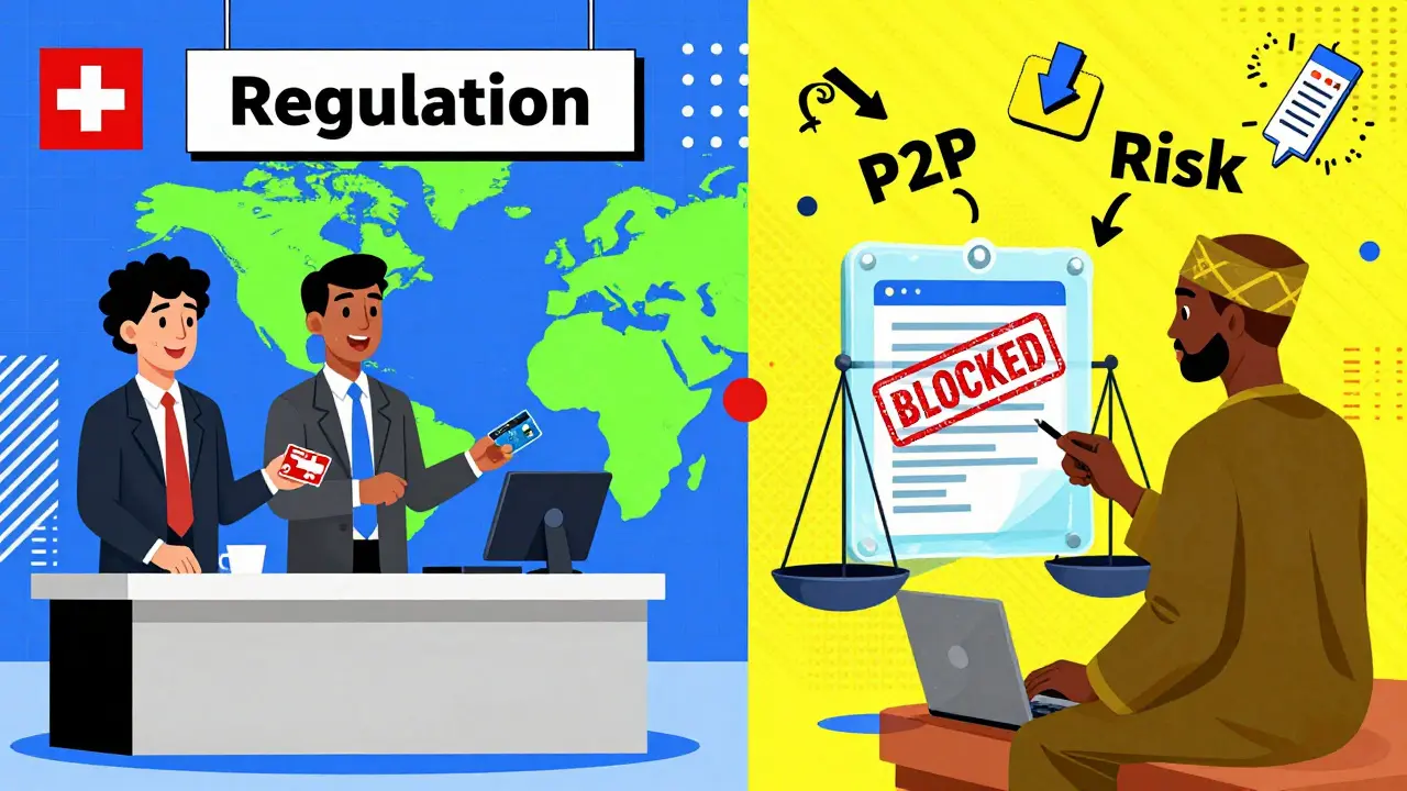 Divide mondiale entre banques accueillantes et comptes bloqués, en style Memphis Design.