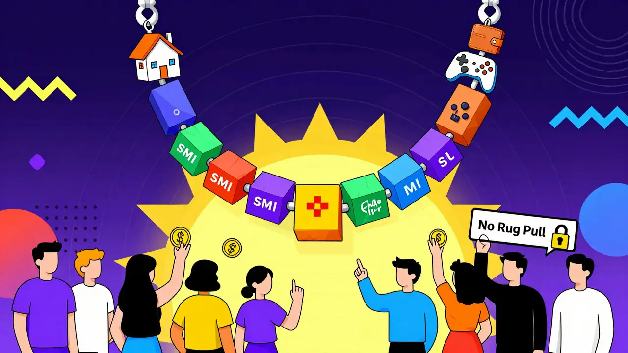 Écosystème SMI sous forme de collier blockchain géométrique connecté à des portefeuilles et manettes, personnages stylisés en style Memphis.
