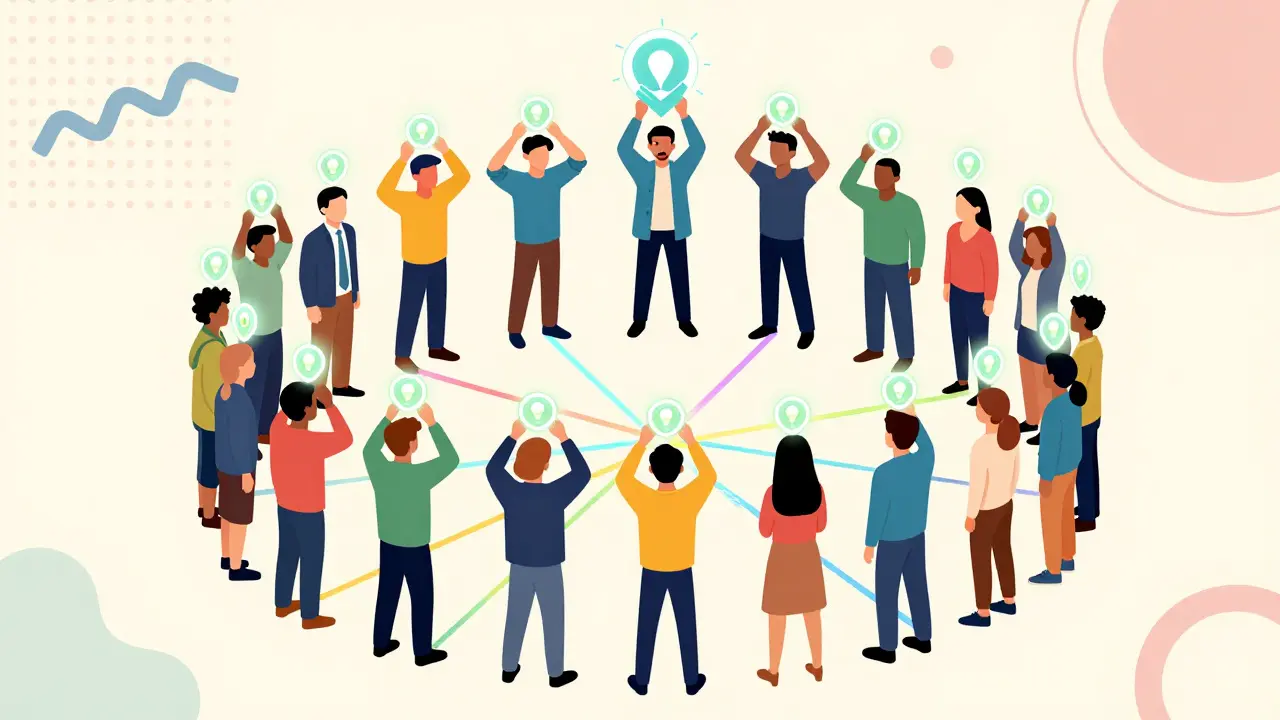 Groupe communautaire tenant des jetons reliés par un réseau lumineux.