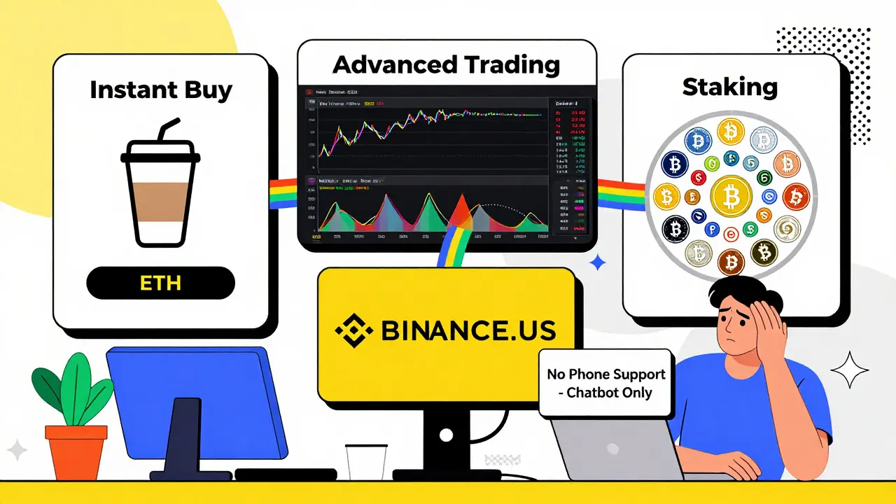 Interface Binance.US avec trois modes : achat instantané, trading avancé et staking, sans support téléphonique.