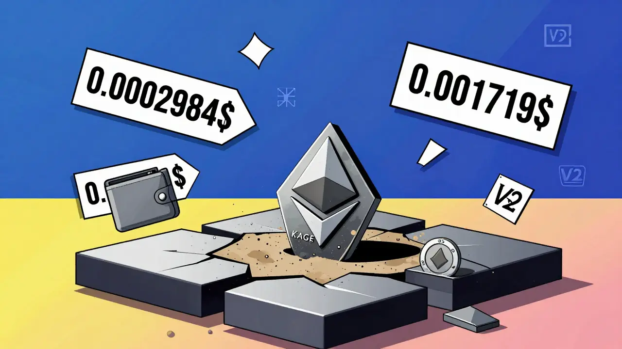 Jetons KAGE isolés sur une blockchain brisée, entourés de prix contradictoires et instables.