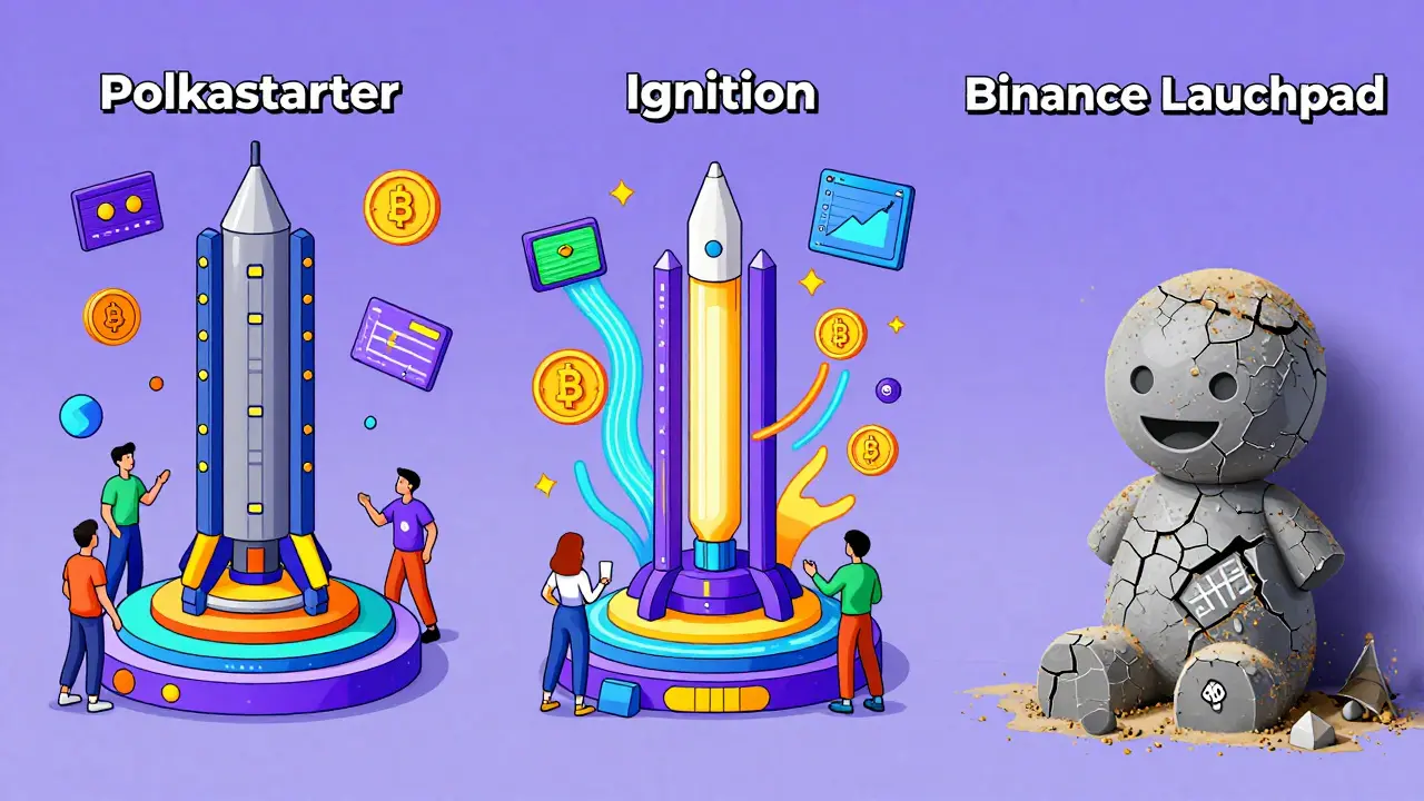 Meeiro en statue poussiéreuse à côté de plateformes de lancement dynamiques et actives dans un style graphique vif.