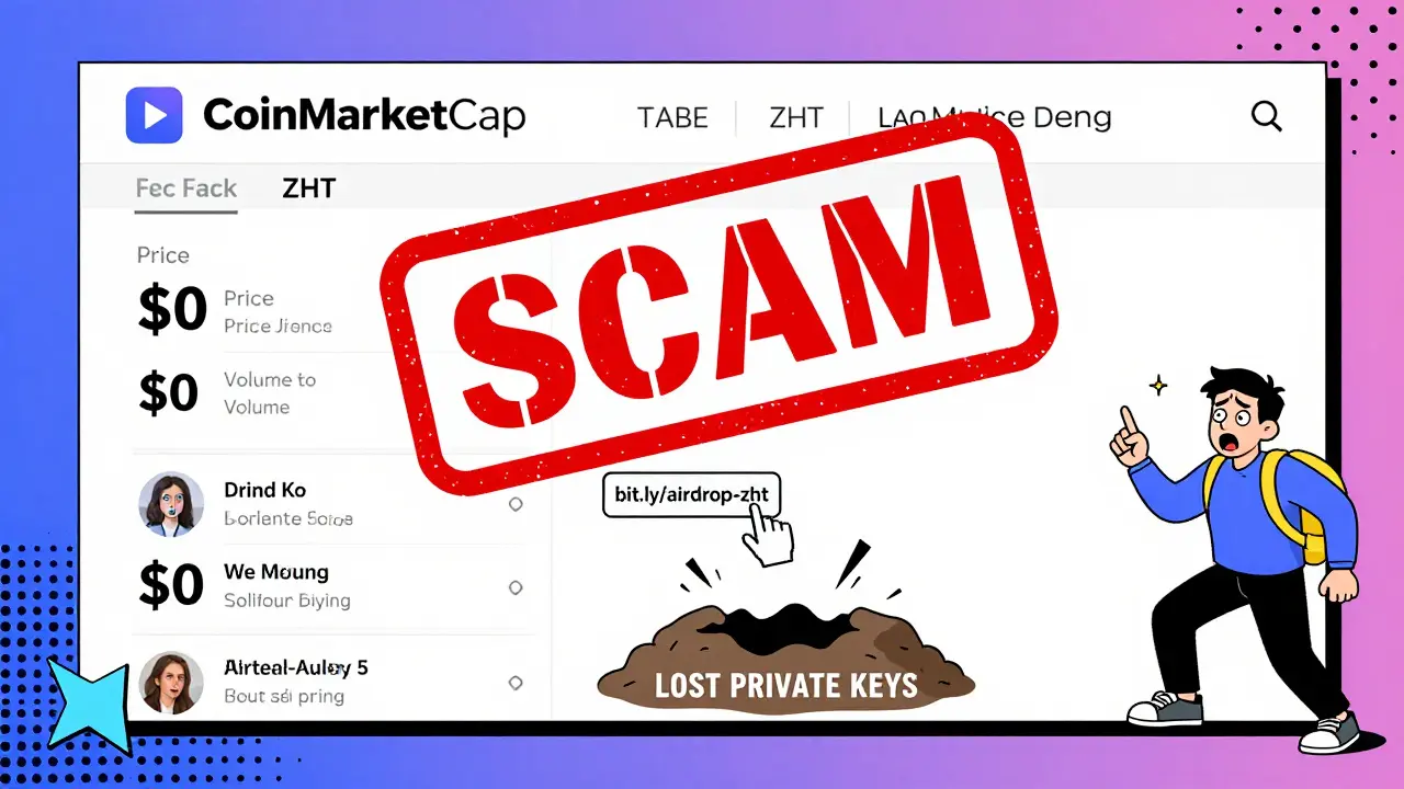 Page fausse de CoinMarketCap avec ZHT à 0 $, utilisateurs tombant dans un piège en cliquant sur un lien suspect.