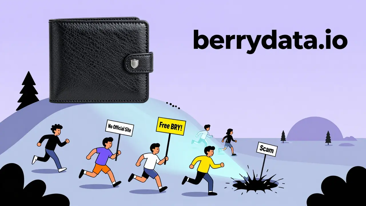 Portefeuille sécurisé sur une colline tandis que des utilisateurs fuient vers un piège 'Free BRY' sous un horizon lointain où un vrai site web apparaît.