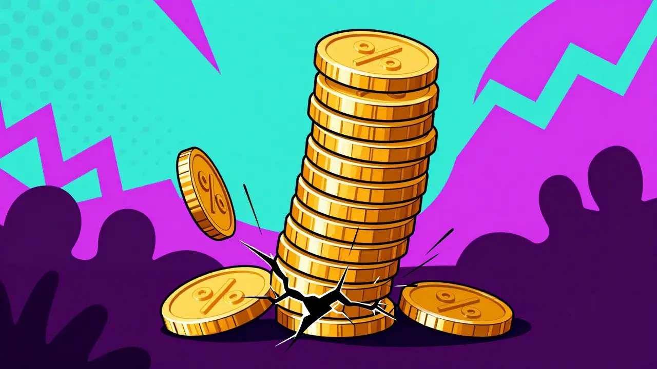 Pyramide de pièces instables représentant des promesses d'investissement risquées.