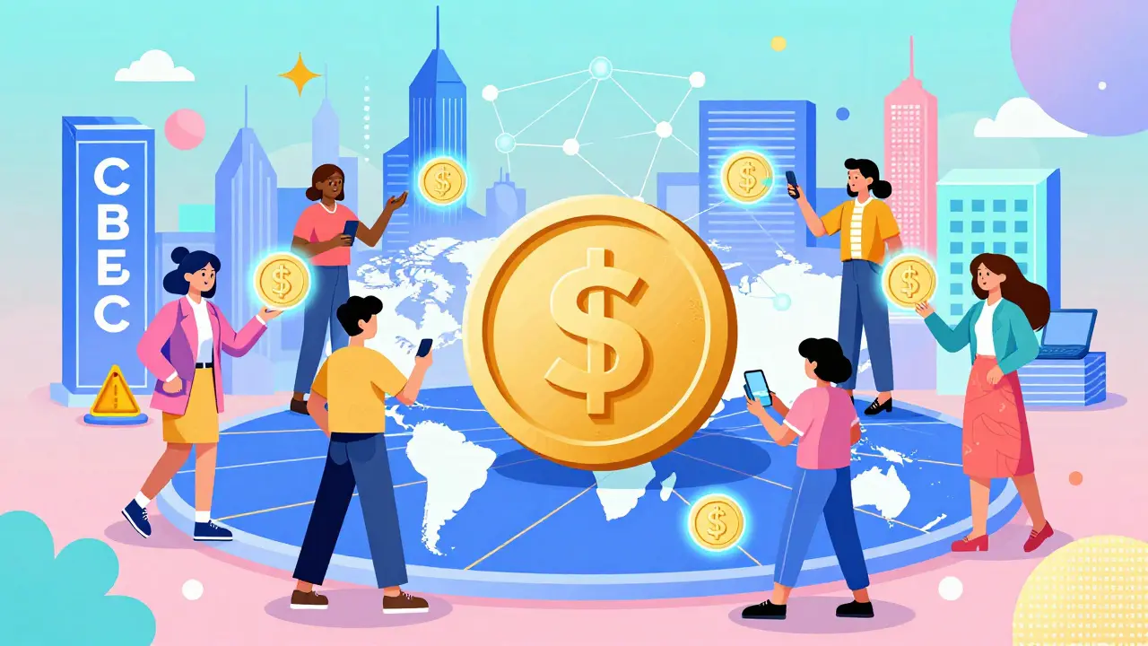 Réseau mondial de personnes échangeant des stablecoins sous un ciel de villes blockchain et de CBDC.