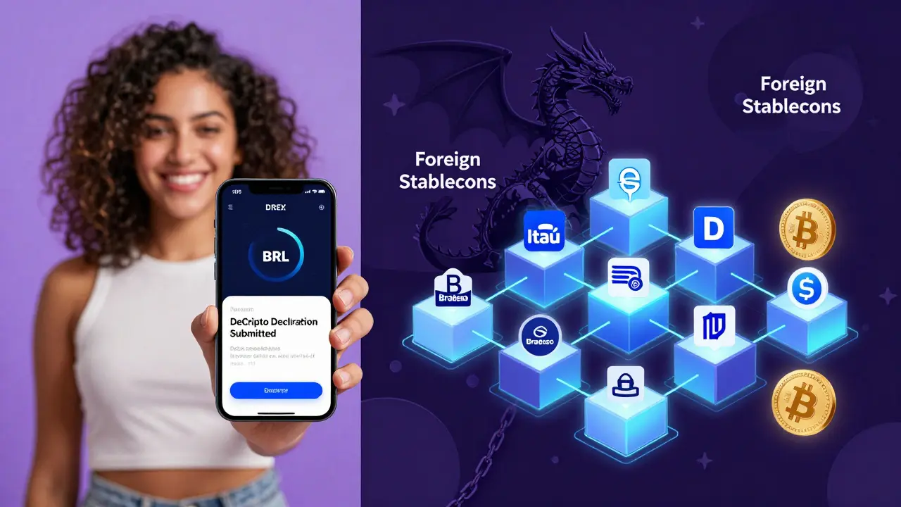 Split scene: a user submitting a crypto declaration on a phone while a national blockchain network replaces fading foreign crypto symbols.