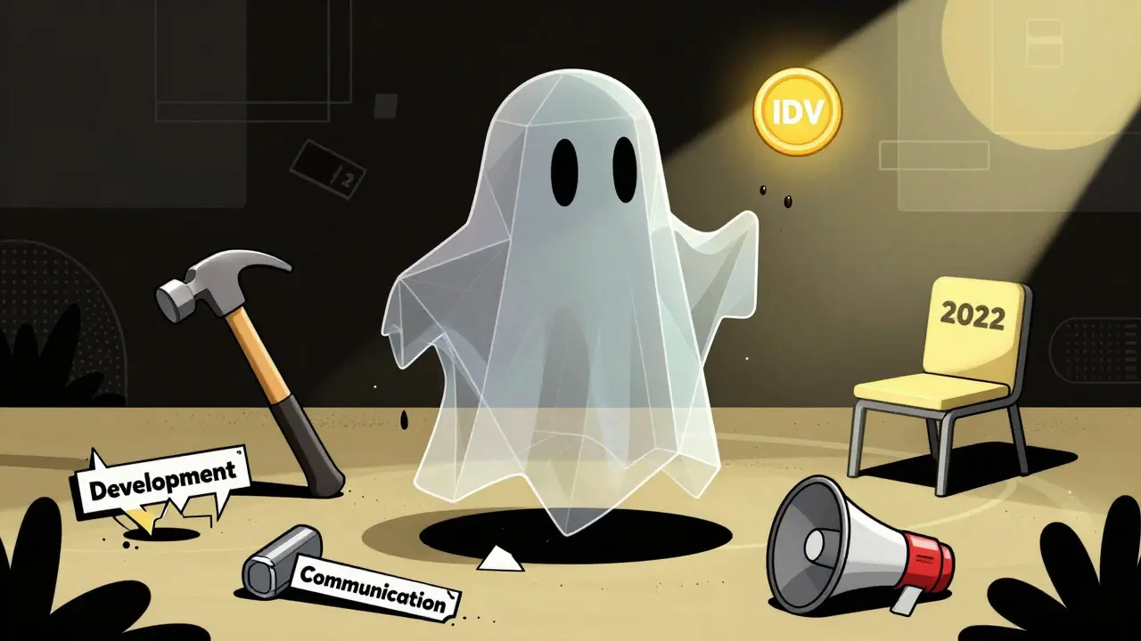 Structure DAO fantôme avec un jeton IDV en chute et des outils abandonnés, dessiné dans le style Memphis.