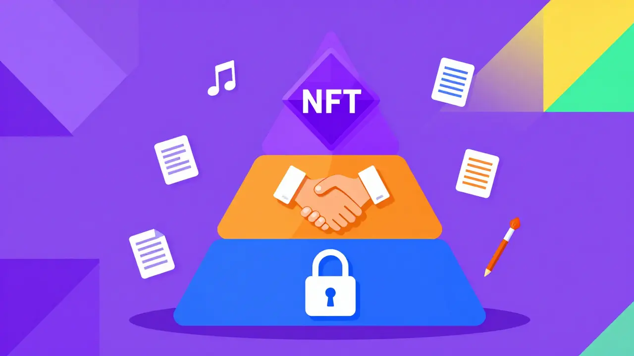 Structure pyramidale montrant portefeuille crypto, contrats intelligents et NFT stylisés