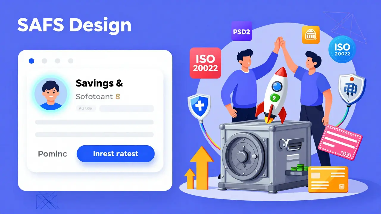 Tableau de bord SaaS affichant un compte d'épargne animé avec taux d'intérêt et cartes virtuelles stylisées.