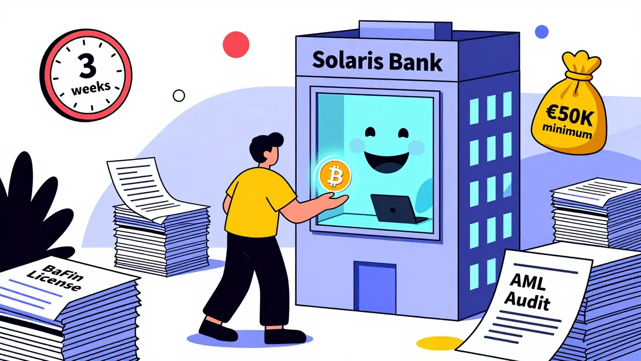 Trader allemand avec dossiers et banque qui accepte les cryptos, en style Memphis Design.