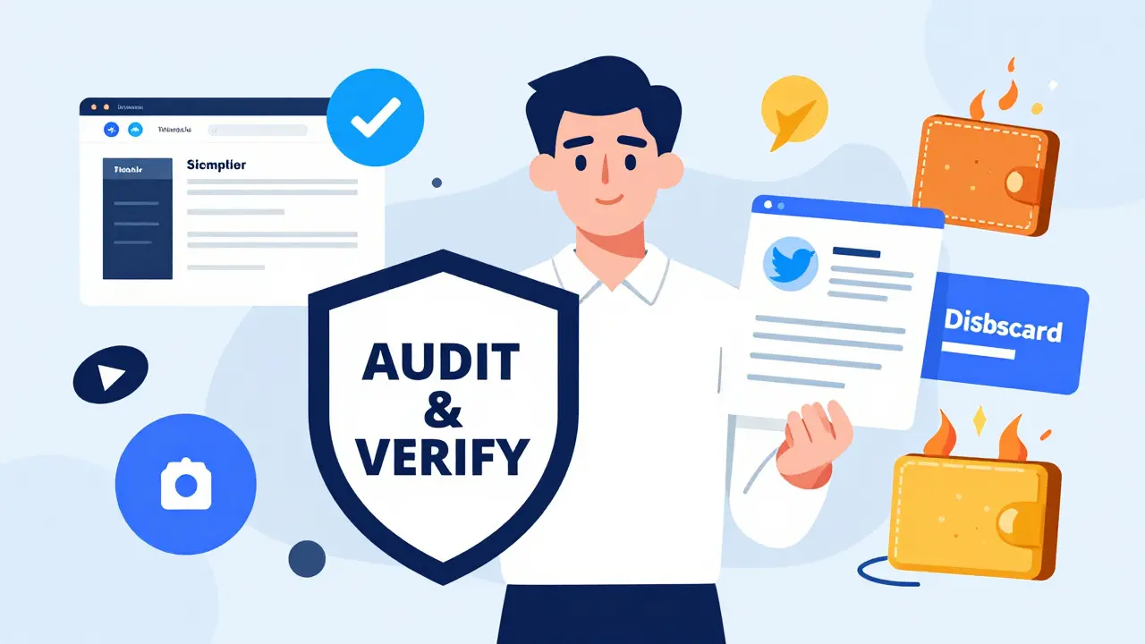Un investisseur prudent vérifie un compte Twitter vérifié, tandis que des escroqueries explosent en formes géométriques derrière lui.