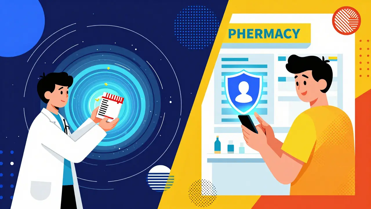 Un médecin envoie une ordonnance cryptée sur la blockchain, tandis qu'un patient bloque la livraison d'un médicament avec son téléphone.