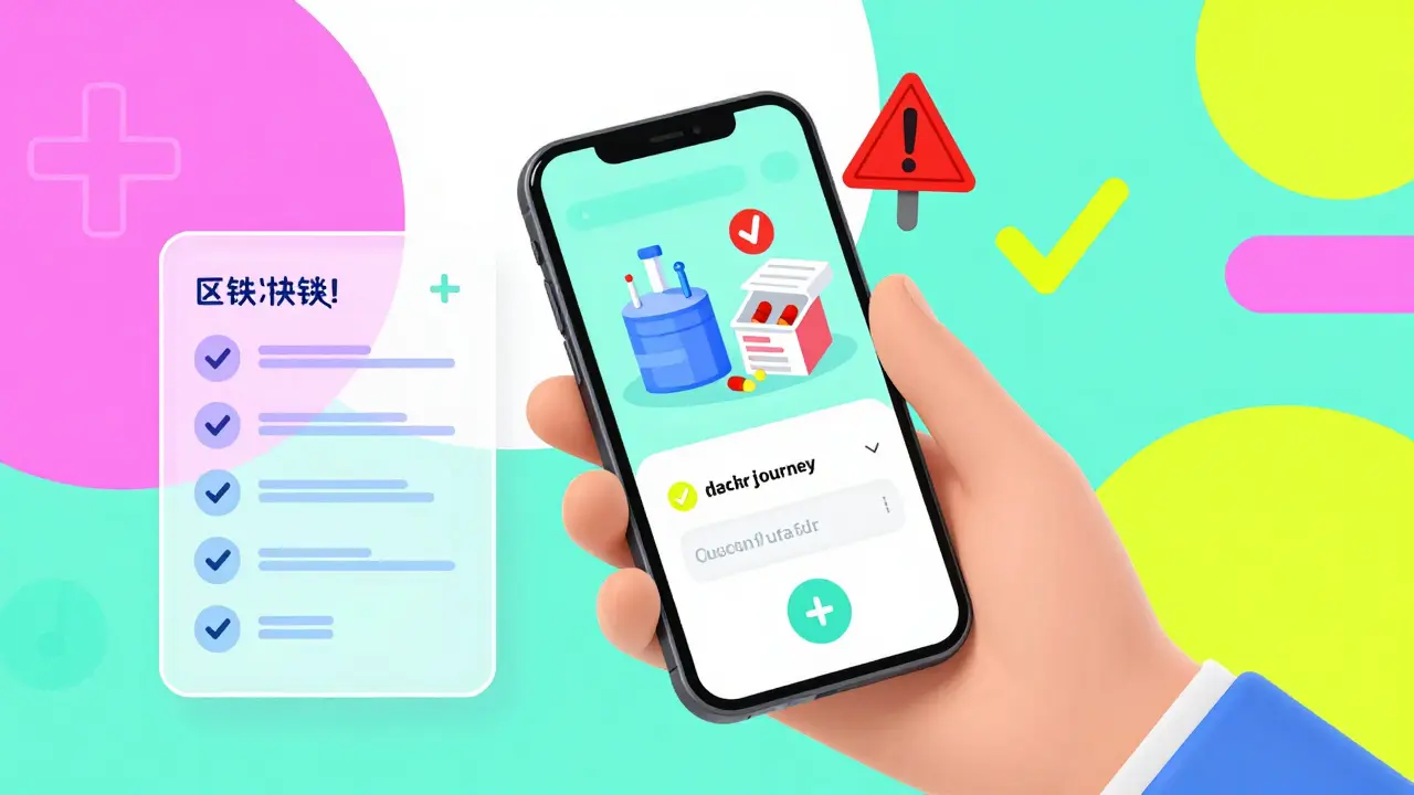 Un patient regarde son téléphone qui affiche un parcours médicamenteux en blockchain, avec une alerte rouge sur un médicament contrefait.