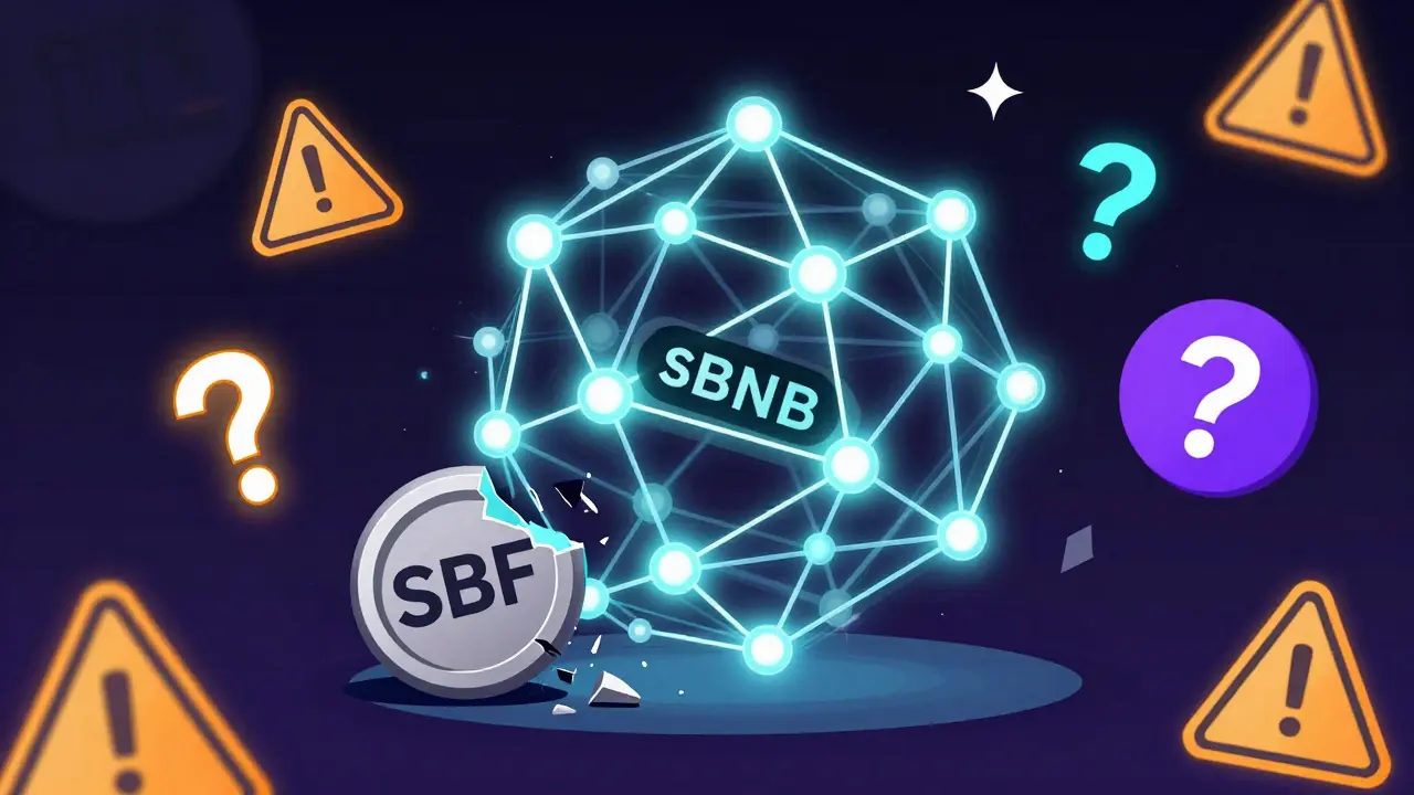 Un réseau BSC avec un token sBNB flottant, tandis qu'un token SBF brisé repose à terre, entouré de symboles d'avertissement géométriques.
