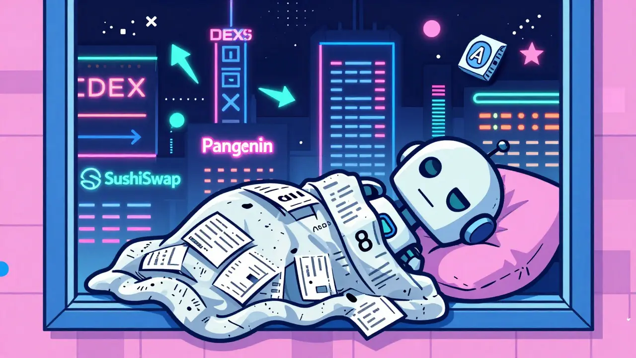 Un robot endormi sous un logo KyberSwap Classic, tandis que d'autres DEX brillent activement à l'extérieur.