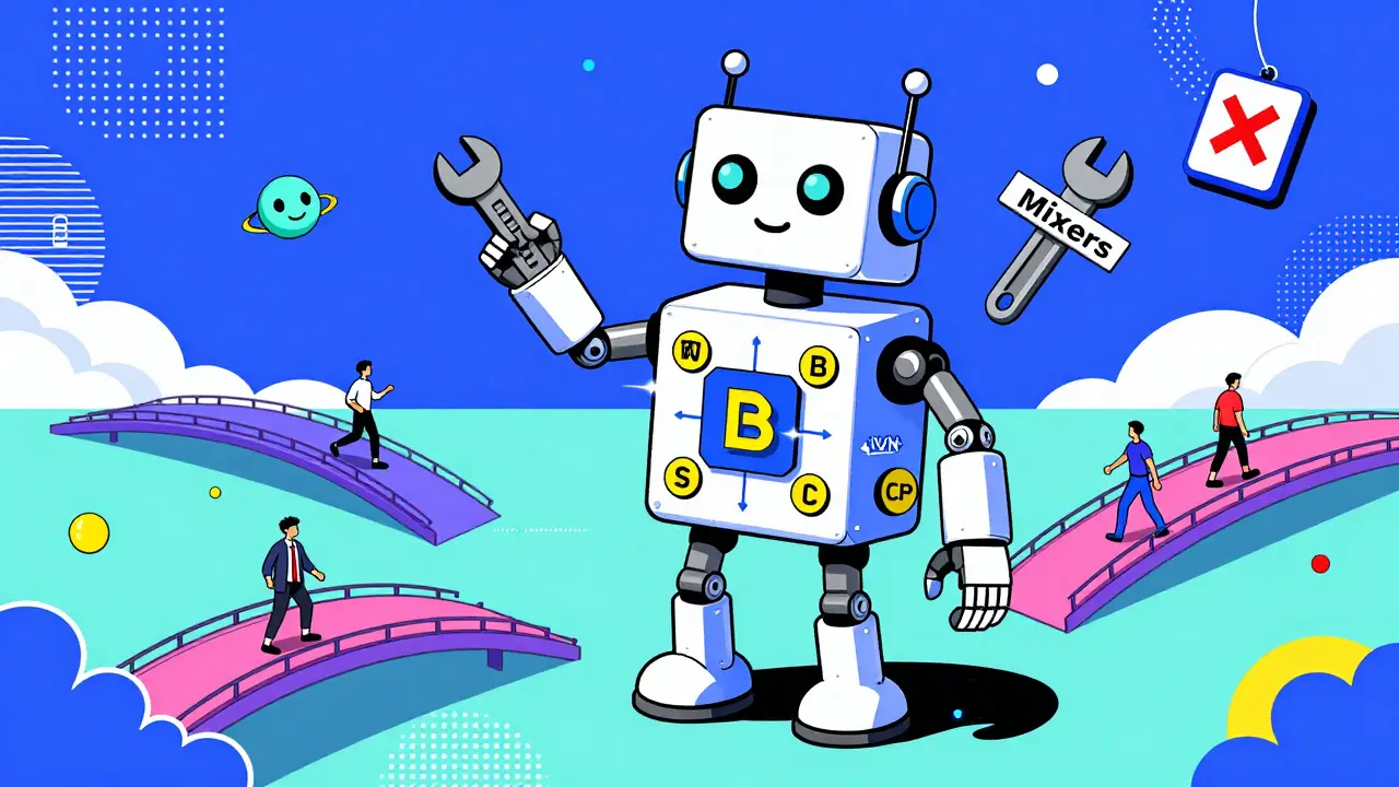 Un robot fait de contrats intelligents traverse des chaînes blockchain, tandis qu'un badge OFAC avec une croix rouge flotte au-dessus, dans un monde coloré et stylisé.