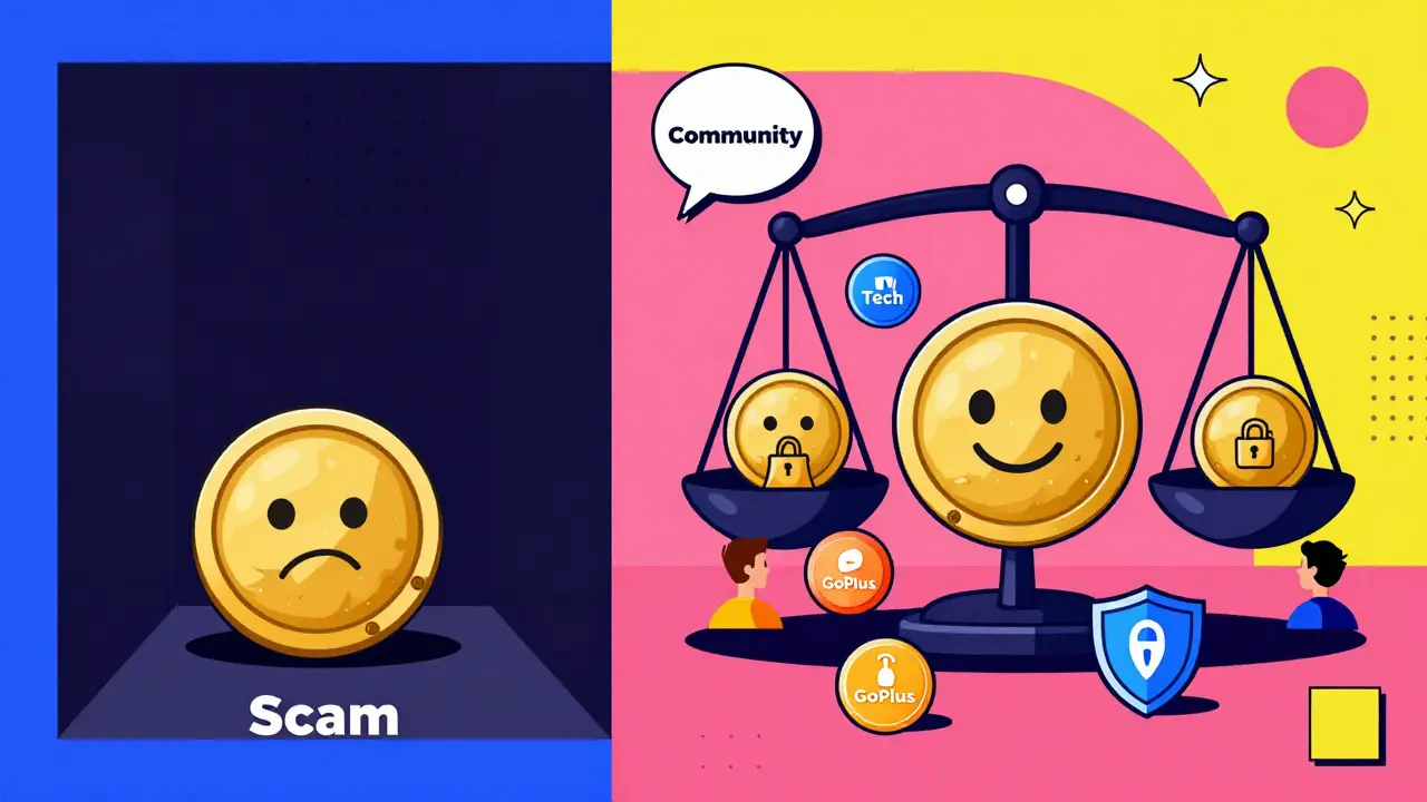 Un token abandonné à gauche et un token prospère à droite, comparés sur une balance symbolisant la communauté contre la technologie.