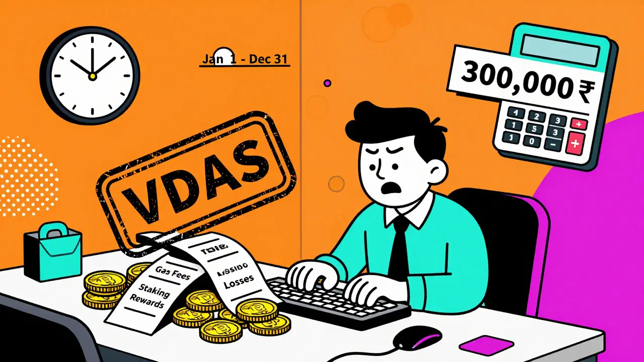 Un trader dans un bureau absurde où un timbre gouvernemental écrase des reçus de frais crypto, en style Memphis.