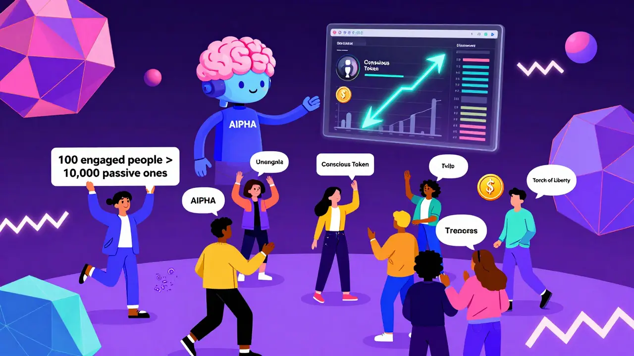 Une communauté numérique animée avec des avatars qui partagent des memes et analysent des tokens en temps réel grâce à un agent IA stylisé.