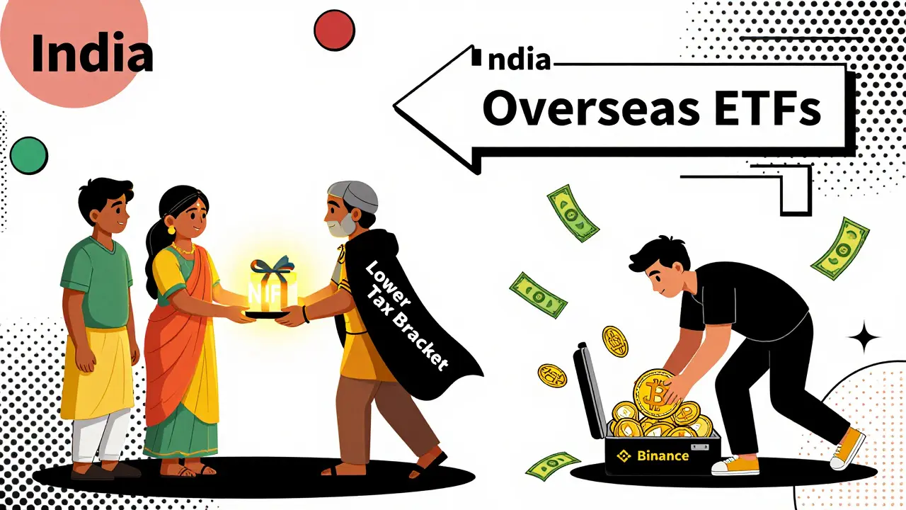 Une famille transfère un NFT comme cadeau tandis qu'un autre fuit vers des ETF à l'étranger, en style Memphis.