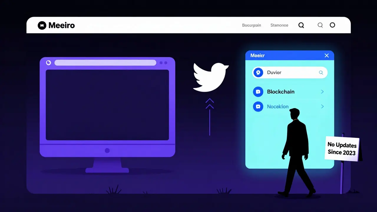 Une interface web vide de Meeiro avec des réseaux sociaux silencieux et un explorateur de blocs quasi mort.