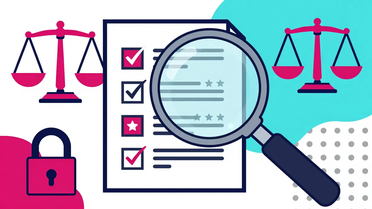 Vérification réglementaire avec loupe sur documents abstraits