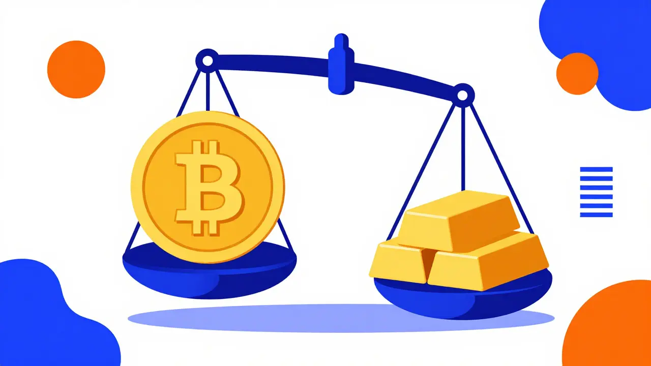 Balance abstraite comparant une pièce numérique et de l'or dans un style Memphis coloré.