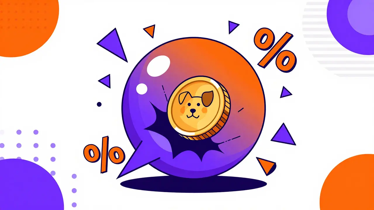 Bulle financière colorée s'apprêtant à éclater avec un jeton chien style Memphis.