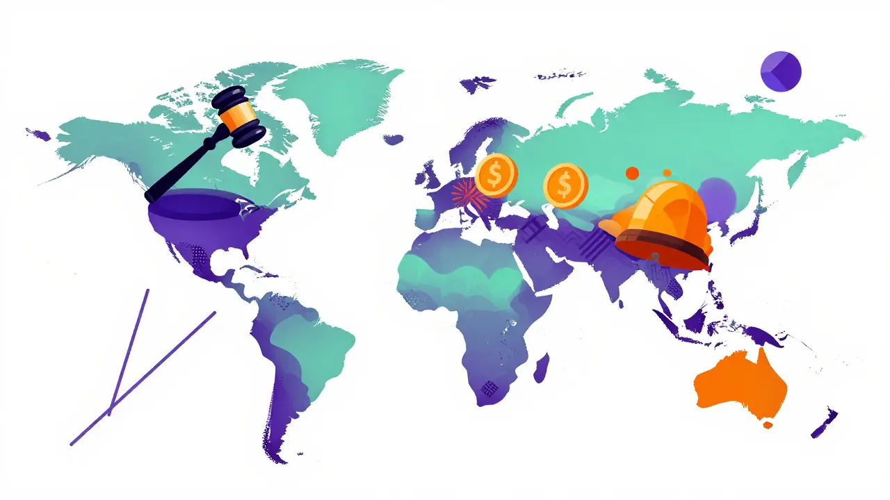 Carte mondiale abstraite style Memphis avec un marteau de juge et des cryptomonnaies symbolisant les lois.