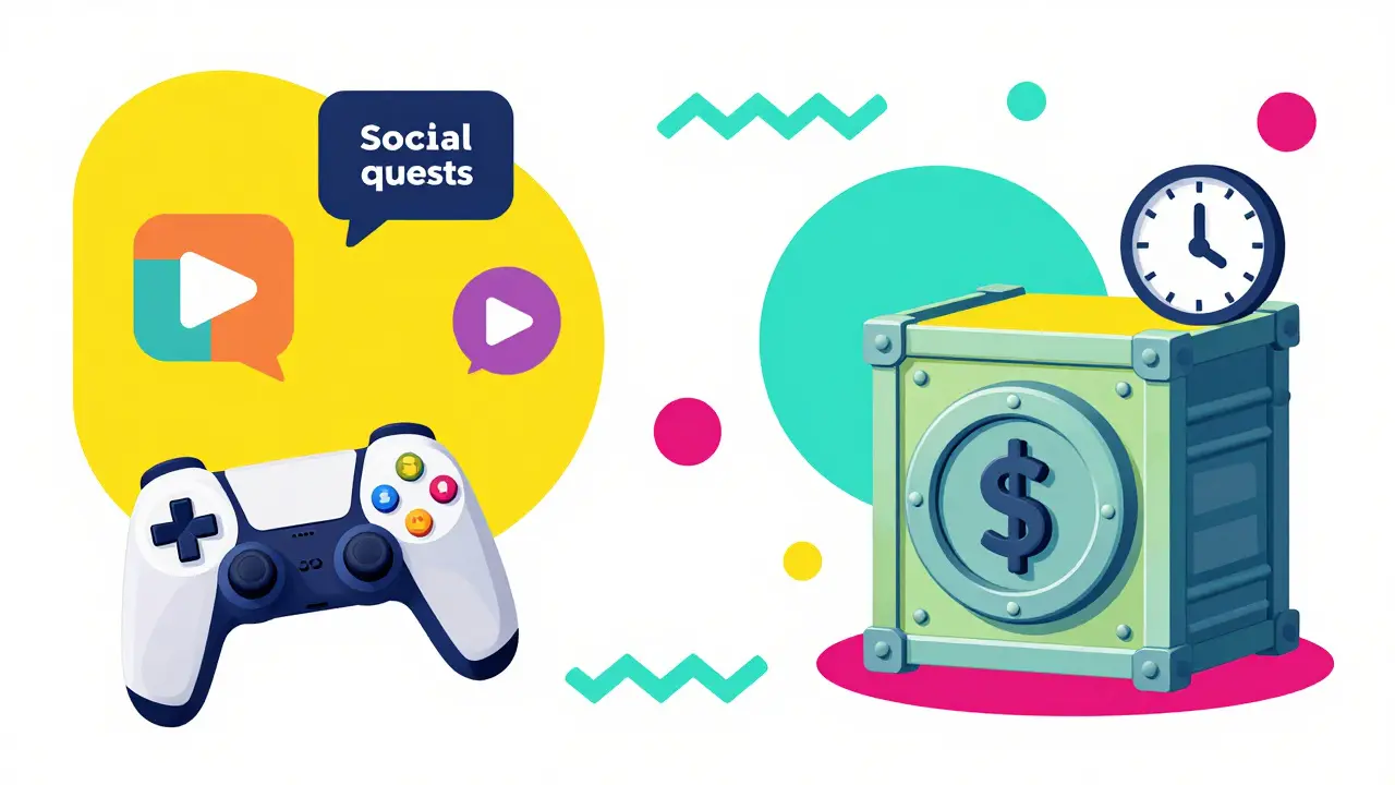 Collage illustrant les quêtes sociales et le staking de jetons $GAME dans un style graphique coloré.