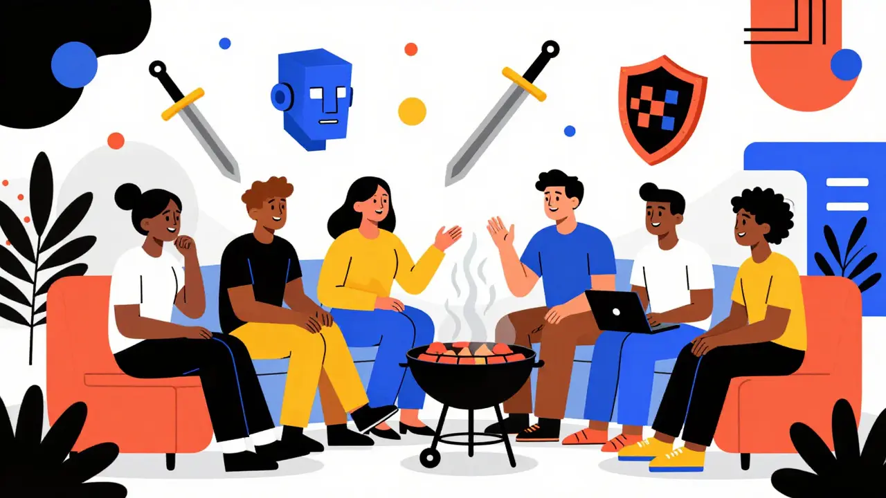 Communauté de joueurs diversifiée dans un environnement abstrait et coloré avec des éléments d'IA.