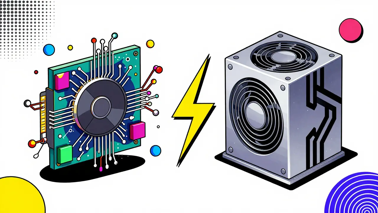 Comparaison stylisée entre un GPU et un ASIC miner avec des formes géométriques Memphis.