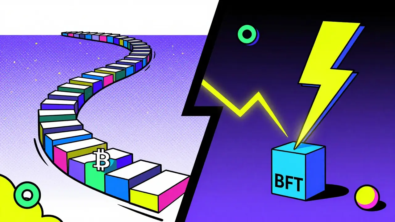 Comparaison visuelle entre la finalité probabiliste lente et la finalité déterministe rapide.