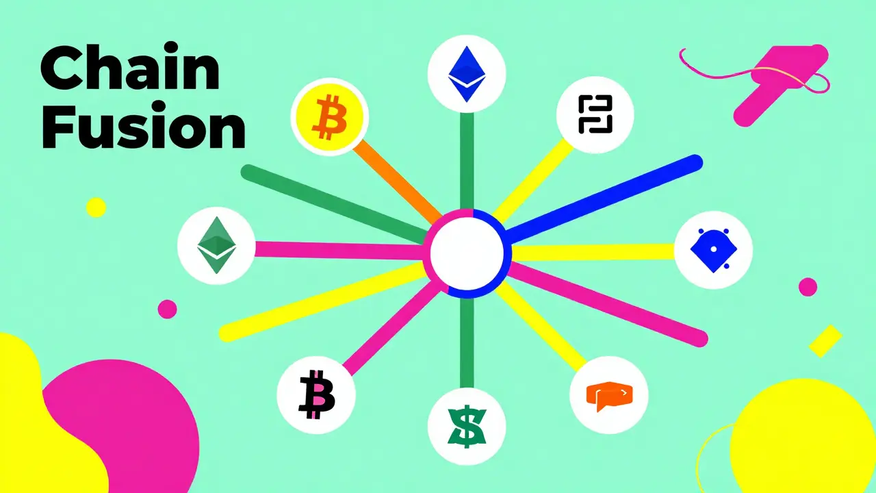 Concept de connexion entre différentes blockchains dans le style Memphis Design.