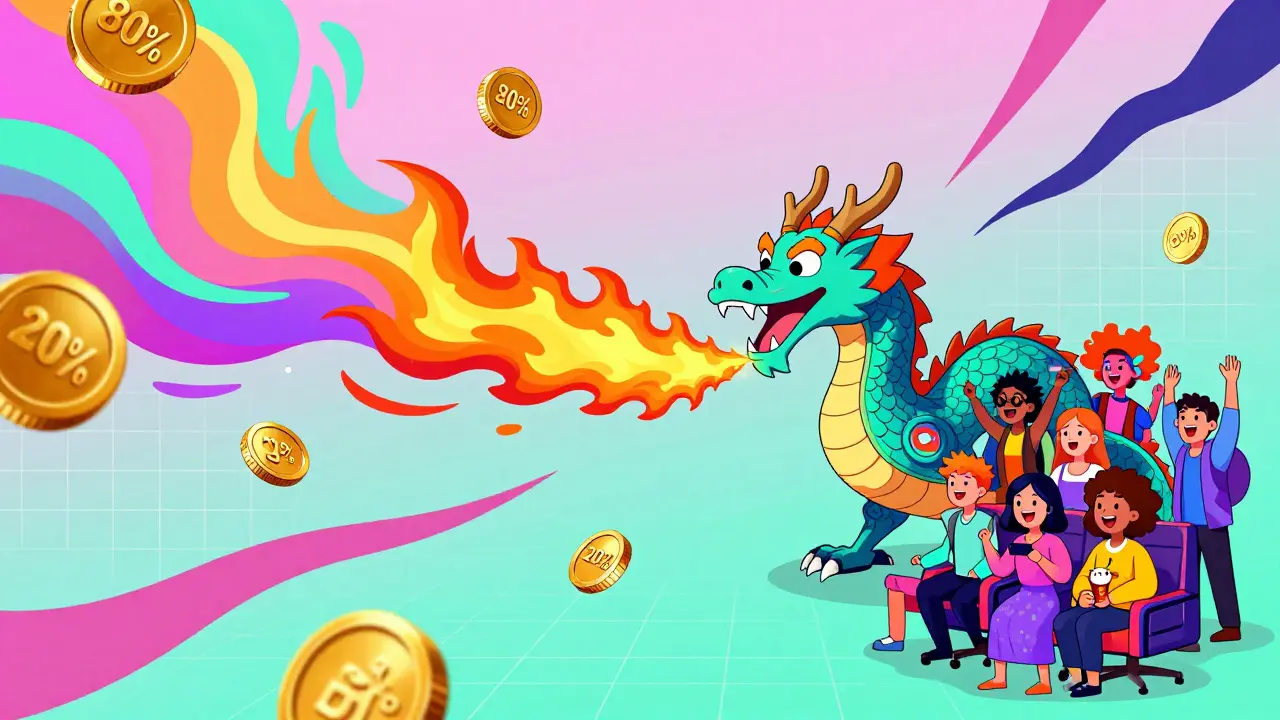 Concept Memphis Design montrant un dragon brûlant des jetons CYT pour la déflation.