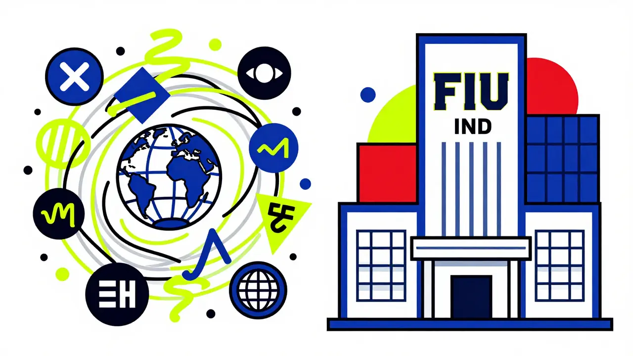 Concept Memphis Design opposant le chaos des plateformes bannies à la structure de la FIU-IND.