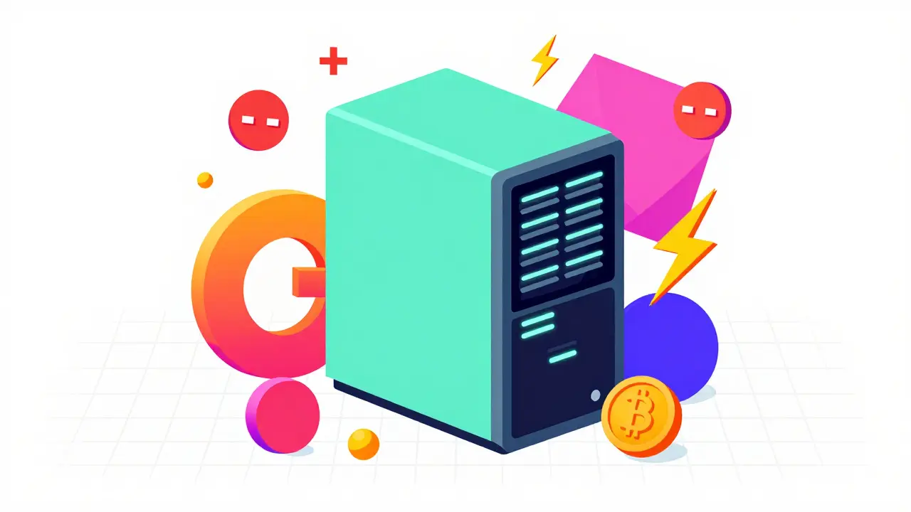 Dessin style Memphis d'un serveur de minage entouré de formes géométriques et de symboles de perte.