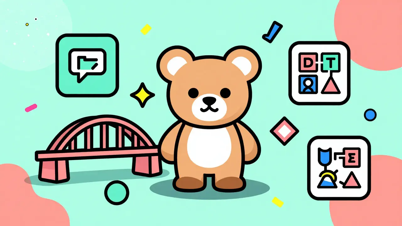 Écosystème numérique abstrait avec un chien et des icônes DeFi style Memphis.